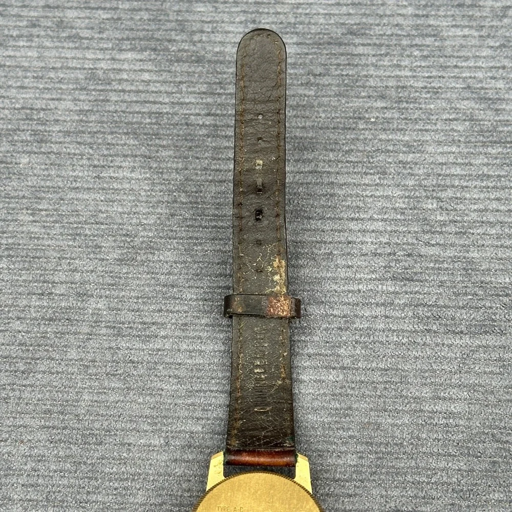 Vintage Military Field Watch Gold Tone Black Dial Japan Movt Brown Leather Strap